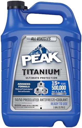 PEAK Titanium 50/50 Prediluted Antifreeze and Coolant for All Engine Cooling Systems, Long-Lasting Yellow Engine Coolant/Antifreeze for Lifetime Engine Protection in All Vehicles, 1 Gal.