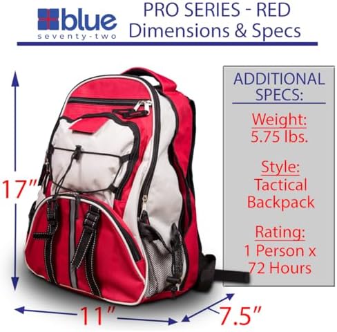 Blue Seventy-Two - Pro Series - Red Deluxe 72 Hour Emergency Backpack Survival Kit for 1 Person | Survival Kits for Emergencies (Includes Water Tablets)