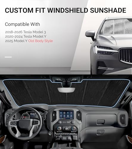 Pigenius Windshield Sunshade for Tesla Model 3 2018-2026, Model Y 2020-2025 Old Body Style, Custom Fit Front Window Shade - AstraGuard