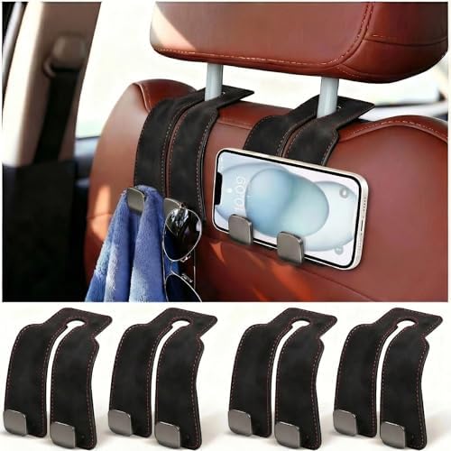 4Pack Headrest Hooks for Car Dual Hook Leather Metal Hanger,Black