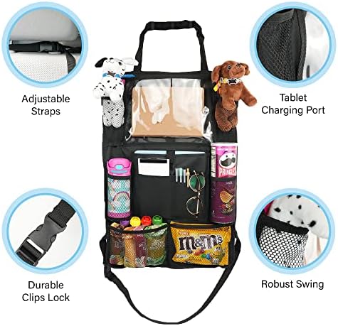 Car Seat Organizer With Touch Screen Tablet Holder And Multiple Pockets Waterproof Car Accessories Heavy Duty Oxford Fabric Backseat Car Organizer Protectors Kick Mats for Kids Toddlers - 2 Packs