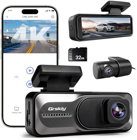 4K Front and Rear Dash Cam, Night Vision, 5GHz WiFi & APP Control, G-Sensor, Parking Monitor, Loop Recording, 170° Wide Angle, 3.2 Inch Screen, Dash Camera with 32GB SD Card