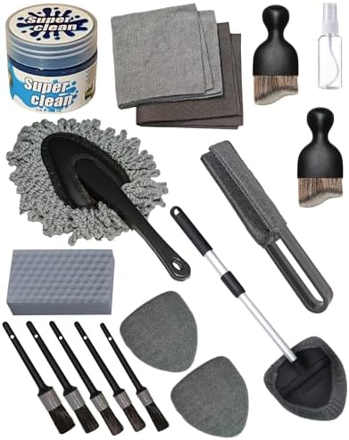oesee 18Pcs Professional Car Interior Detailing Kit All-in-One Cleaning Tools for Windows, Dashboard, Vents, Windshield Cleaner Brush, Magic Sponge, Chamois Cloth, Detailing Brushes & Accessories