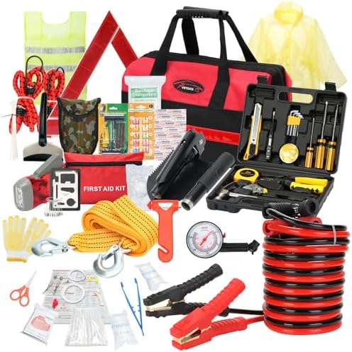 Vetoos Car Roadside Emergency Kit with Jumper Cables, Auto Road Side Safety Kit for Vehicles - with Premium Carry Bag, Repair Tool Set, for Men, Women, Teenagers