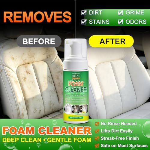 Car Interior Foam Cleaner Kit, Multifunctional Auto Detailing Cleaner with Brush & Towel, Deep Clean Car Seats, Carpet, Upholstery & Dashboard, Safe for Leather, Fabric, Vinyl & Plastic, 5oz