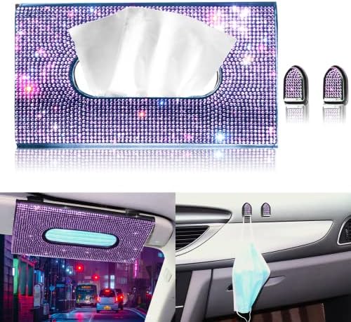 Car Visor Tissue Holder, Sparkling PU Leather Mask Box, Bling Crystals Cover Case & Glitter Mask Hook Clip for Women (Purple)