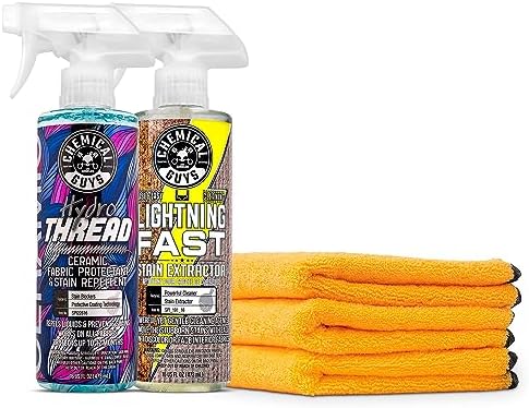Chemical Guys SPI22616 HydroThread Ceramic Fabric Protectant & Stain Repellent + SPI_191_16 Lightning Fast Carpet & Upholstery Stain Extractor + MIC_506_03 Premium Microfiber Towels (16"x16")