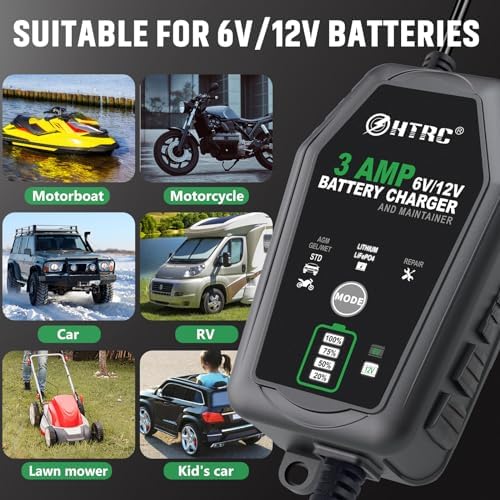 3-Amp Car Battery Charger, 6V and 12V Smart Fully Automatic Battery Charger Maintainer, Trickle Charger, Battery Desulfator for Car,Motorcycle, Boat..Lead Acid Lithium LiFePO4 Batteries