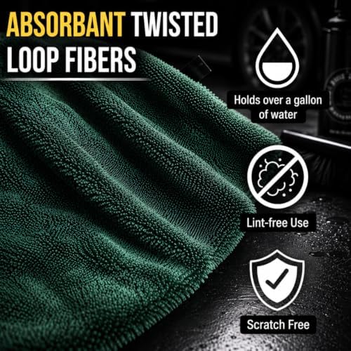 Big Buck Microfiber Car Drying Towel, 1400 GSM Large Car Wash Towel, Ultra Absorbent and Streak-Free, Lint Free Use, Dark Green 36" x 24" Drying Cloth