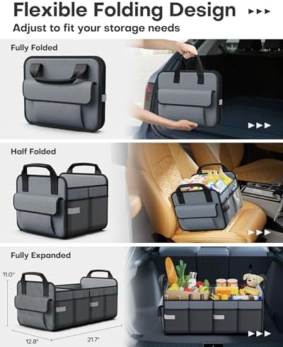 HOTOR Trunk Organizer for SUV – Foldable & Portable Car Organizers and Storage with 2 Compartments, Large Capacity Car Trunk Organizer Car Accessories for Truck Sedan, Grey, 21.7" x 12.8" x 11.0"