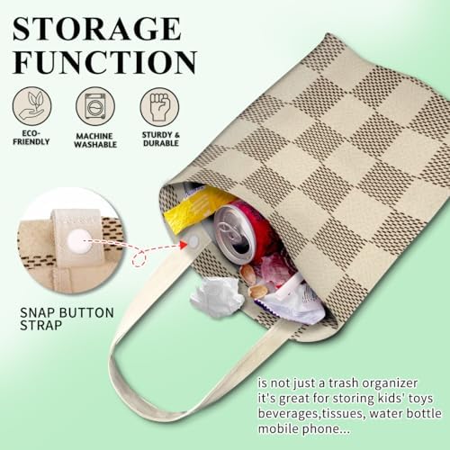 Car Trash Can, Cute Car Trash Bag, Hanging Car Organizer and Storage Bag, Trash Bin for Car Accessories, Vehicle, Travelling, Camping Luxury Beige Checkered