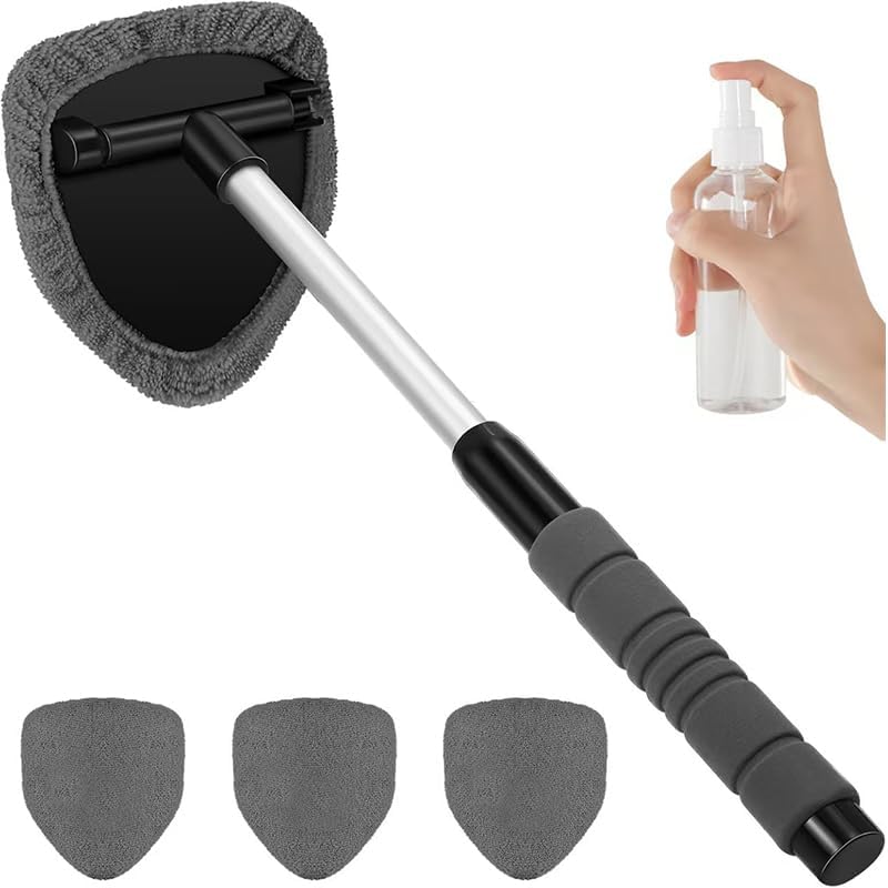 Windshield Cleaning Tool, Microfiber Car Window Cleaner with 3 Reusable and Washable Microfiber Pads and Extendable Handle (Green)
