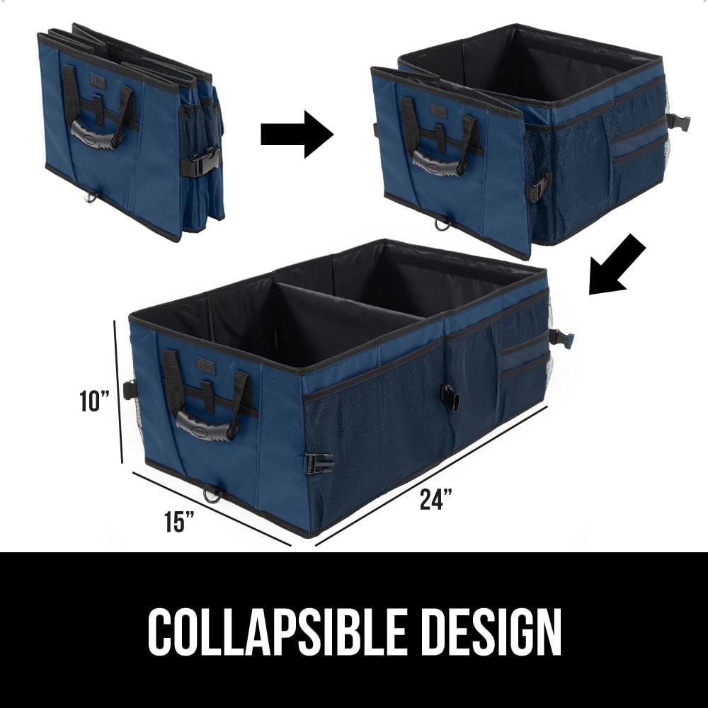 GORILLA GRIP Trunk Organizer for SUV and Cars, Large Capacity Collapsible Car Trunk Storage Organizer, Heavy Duty Car Accessories, Gifts for Mom and Dad, Slip & Water Resistant Multi Compartment, Blue