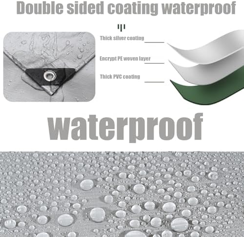 10'x12' Heavy Duty Waterproof Tarp 10Mil Thick,Reinforced Corners, Rustproof Aluminum Grommets Every 3 FT - Multi-Use Outdoor Cover for Camping, Truck, Pool, Boat-Silver