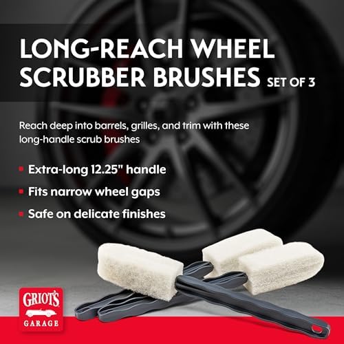Griot's Garage Long-Reach Wheel Scrubber Brushes for Car Detailing Wheels, Tires, and Grillework, Exterior Auto Detail Products and Supplies, Set of 3, 12 1/4" Long, 15736