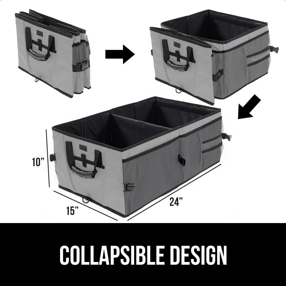 GORILLA GRIP Trunk Organizer for SUV and Cars, Large Capacity Collapsible Car Trunk Storage Organizer, Heavy Duty Car Accessories, Gifts for Mom and Dad, Slip & Water Resistant Multi Compartment Gray