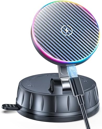 15W MagSafe Car Charger Mount, Magnetic Wireless Car Phone Holder with Dual Input Port, Vacuum Suction & Nano Adhesive Base, 360° Rotation Stable Car Charging Stand for iPhone 12-17, Samsung S26