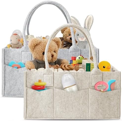 HIPHOP PANDA 2-Pack Diaper Caddy Organizer - Nursery Storage Bin & Car Organizer for Diapers, Wipes, and Baby Essentials - Dual-Color Solid Set (Grey/Oatmeal), Large Size