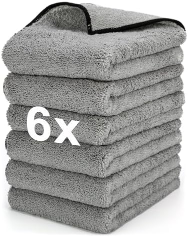 Microfiber Towels Gray for Cars - 6 Pack, High & Short Pile Micro Fiber Cleaning Cloth for Car Washing Drying & Auto Detailing, Water Absorption Lint Free & Non-Streak