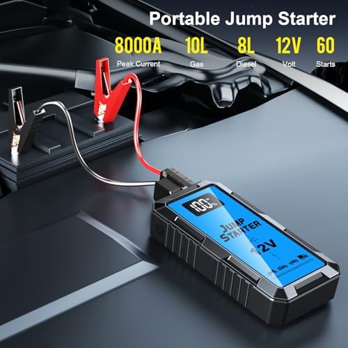 8000A Car Battery Jump Starter Box with Jumper Cables, 12V Car Jump Starter Portable (All Gas,up to 10.0L Diesel) Portable Lithium Jump Box Rechargeable, Reverse Polarity Protection