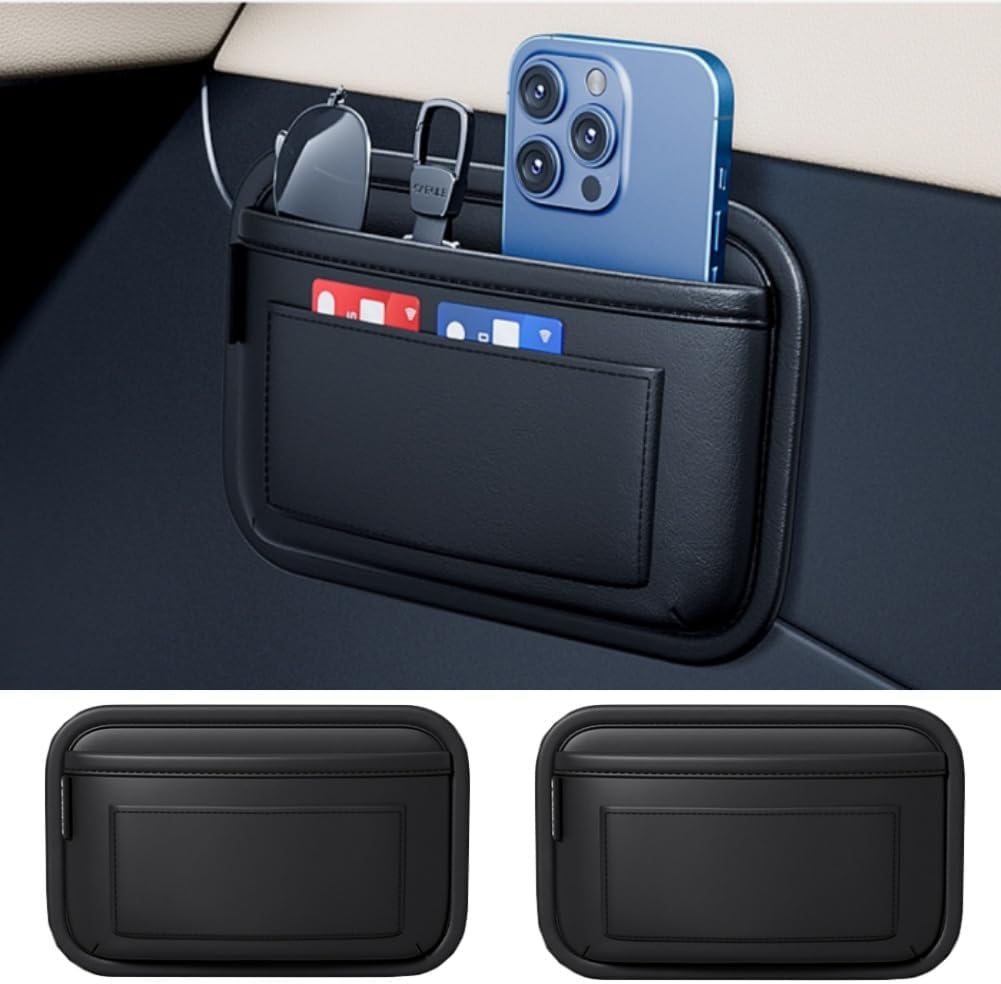 Tumecos Car Storage Bag, Leather Small Debris Organizer ,Hanging Cell Phone Mobile Paste Type Bag for Stowing Tidy, Universal Accessories(BlackA-1pcs)