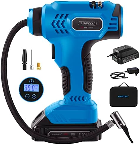WISETOOL Cordless Tire Inflator Air Compressor,20V Battery Powered Car Tire Pump with Digital Pressure Gauge,150PSI Portable Handheld Air Pump for Car Tires,Bikes,Motorcycles,Ball