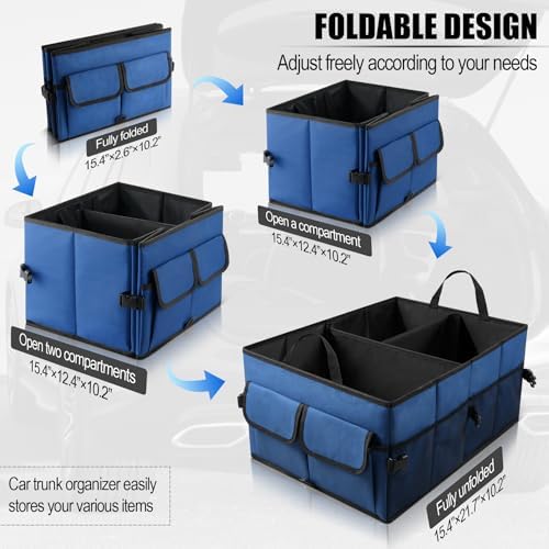 UYYE Auto Collapsible Trunk Organizer, 3 Large Compartments and 6 Pockets Durable for Cargo Storage, Easy to Storage Tools With Adjustable Securing Straps and Non-Slip Bottom for Car (Dark Blue)