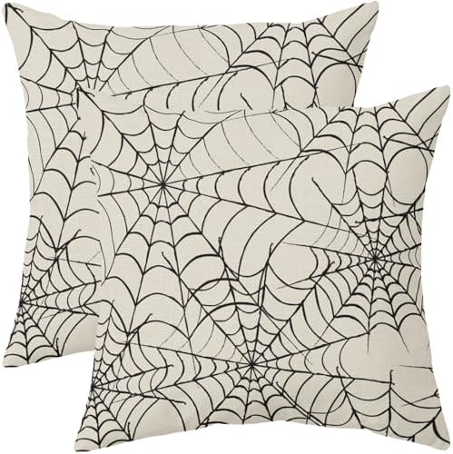 Robvobe Cream Halloween Spiderweb Pillow Covers 18x18 Set of 2 Black Web Outdoor Decorative Throw Pillows Halloween Scary Themed Farmhouse Pillowcases Linen Cushion Case Decor for Home Sofa Couch Bed