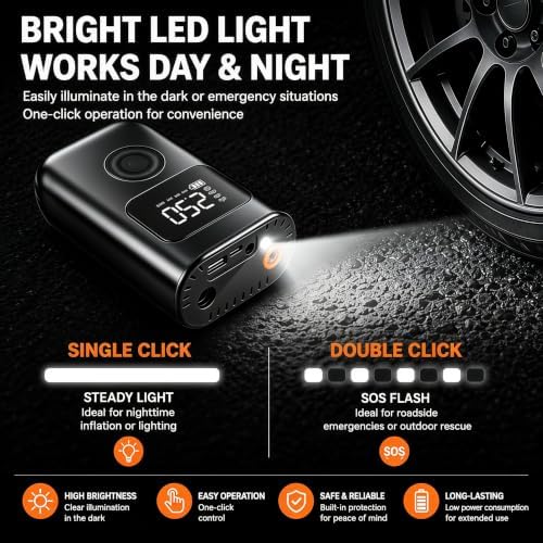 Portable Cordless Tire Inflator, Digital Air Compressor with LED Light, Auto Shut-Off, 4 Pressure Modes, Rechargeable, for Car, Bike, Ball