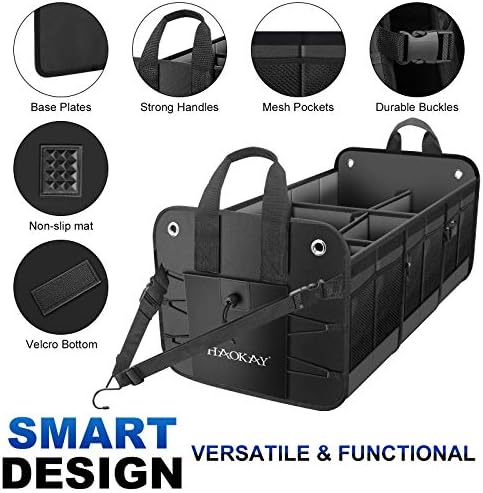 HAOKAY Car Trunk Organizer with Lid,Heavy Duty Extra Large Premium Black Oxford Multi Compartments Collapsible trunk organizer for SUV, Van, Truck, Sedan, Jeep (90L
