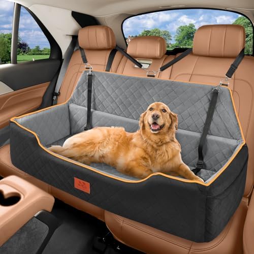 XIEEAOZEE Large Dog Car Seat, Memory Foam Dog Car Bed for Backseat & Trunk, Washable Pet Booster Seat Under 100 lbs or 2 Medium Dogs, Pet Travel Seat with Storage Pockets, 2 Safety Belts