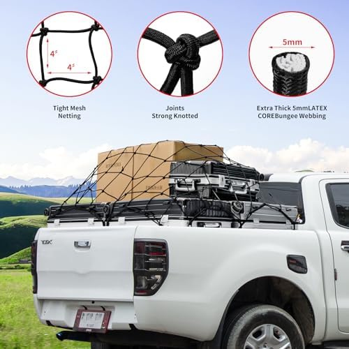 Heavy Duty Cargo Net for Pickup Truck Bed - Stretches from 5' x 7' to 15' x 21' - 12 Metal Carabiners - Compatible with Ford, Dodge RAM, Chevy, Toyota - Ideal for (Black, 5X7 Feet)