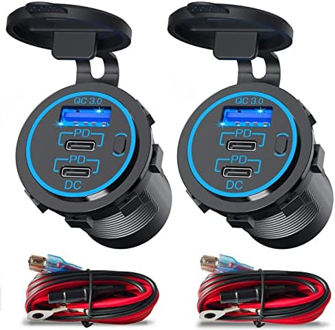 USB C Car Charger Socket 12V USB Outlet 2 Pack,78W RV USB Outlet Dual 30W PD USB-C and 18W QC3.0 Car USB Port with Button Switch Waterproof for Car RV Boat Marine Truck Motorcycle ect