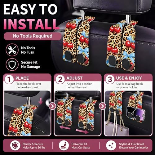 Car Seat Back Storage Hook, Funny Car Purse Hook, Cute Vehicle Storage Organizer for Purses Handbags Cute Leopard Bowtie Cherry