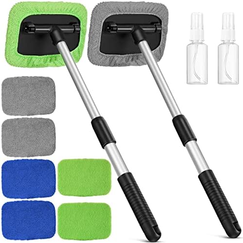 Tallew 2 Sets Windshield Cleaner Tool Car Window Cleaning Wash Kit with Detachable Handle 6 Microfiber Pads and 2 Spray Bottles Inside Windshield Cleaner Tool for Auto Glass Cleaning