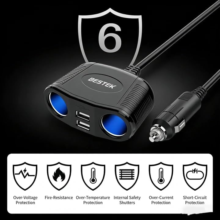BESTEK 150W 2-Socket Car Cigarette Lighter Splitter with Dual USB