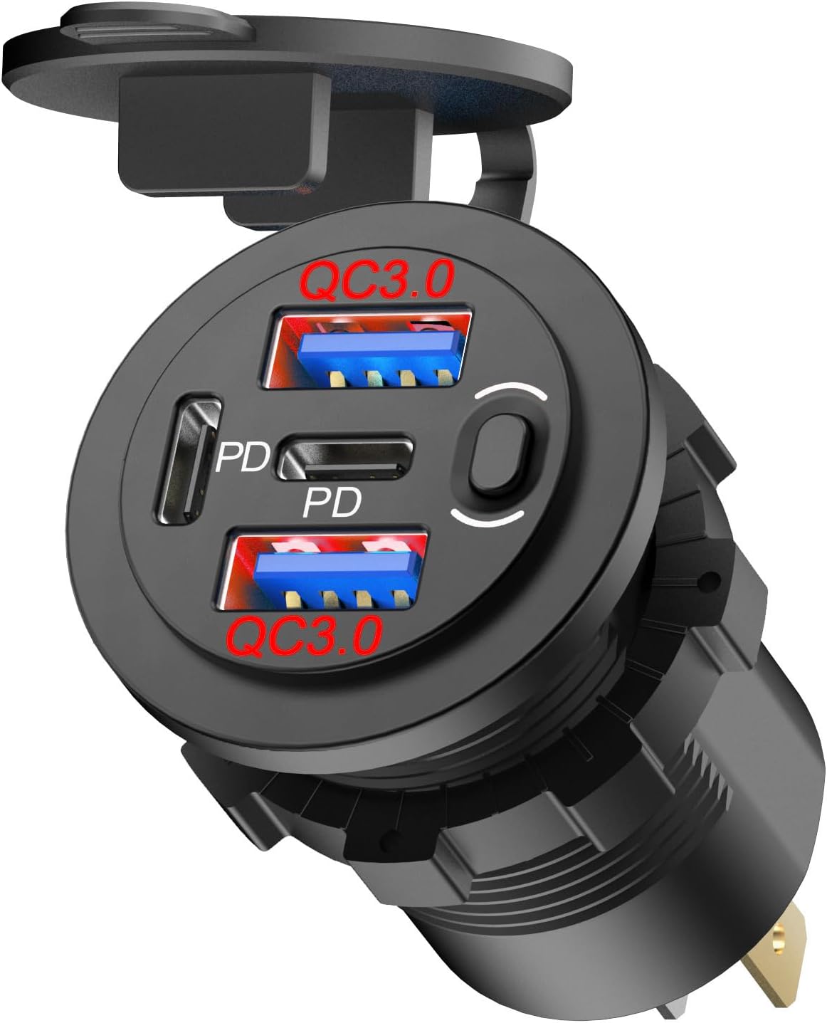 2 Pack Red 12V USB Outlet Dual PD 30W USB C Port and Dual USB QC 3.0 Port with Power Switch, 78W Multiport Car Charger Socket Waterproof DIY Accessories for Car Boat Marine Motorcycle RV ATV