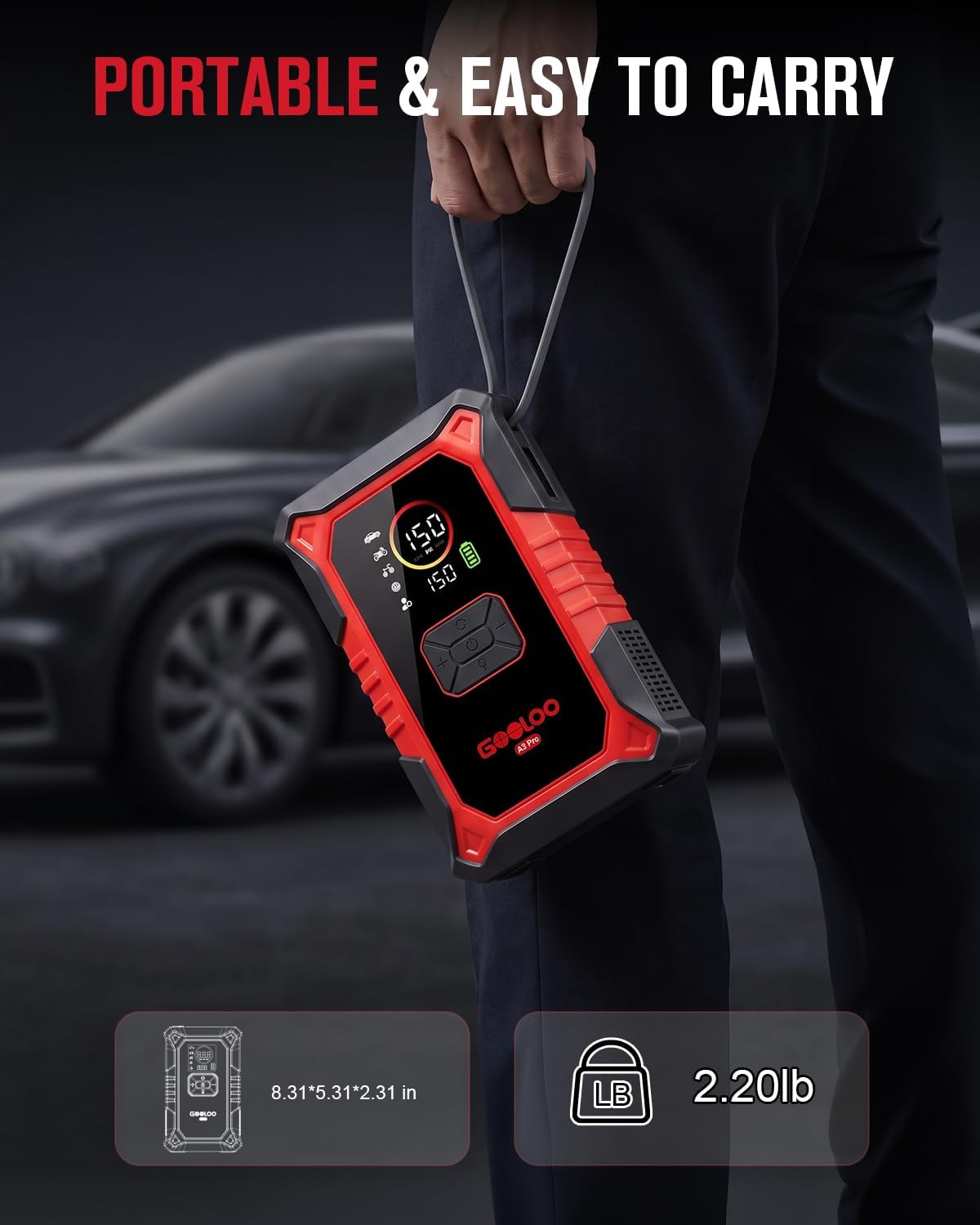 GOOLOO A3 Pro 12V 3000A Portable Car Jump Starter with Air Compressor