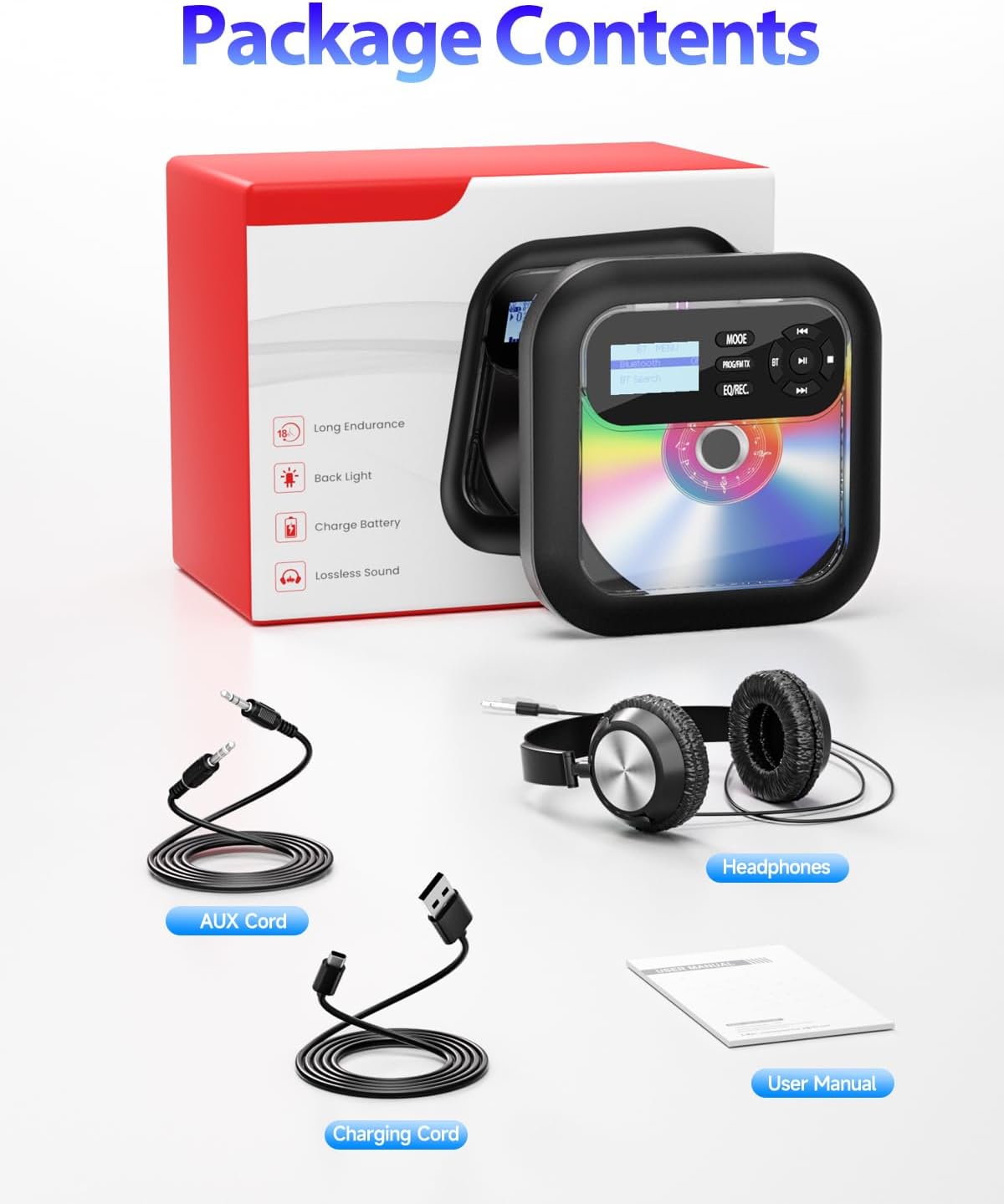 Bluetooth CD Player Portable with FM Transmitter and Dual Speakers