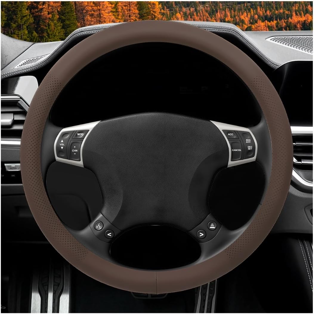 Car Steering Wheel Cover, 15" Breathable Leather Auto Wheel Protector with Comfortable Grip, Non-Slip Perforated Steering Wheel Protective Cover for SUV Truck Sedan Van (Beige)