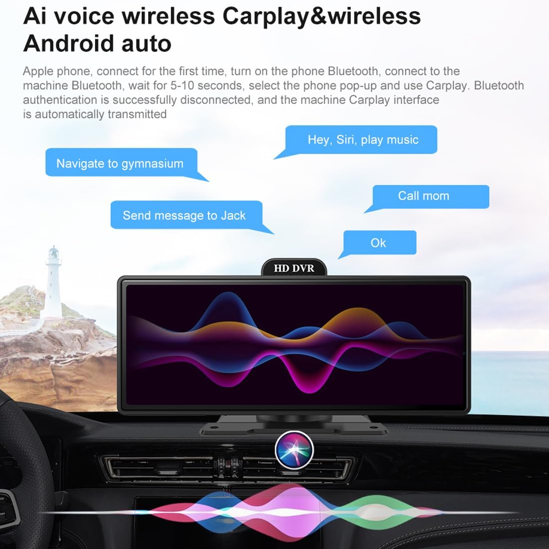 Portable Car Stereo Wireless Apple Carplay & Android Auto 10.26 Inch 2K DVR + 1080P Rear Camera Touchscreen Car Monitor Bluetooth Hands Free Call, Mirror Link/AUX/FM Transmitter for All Vehicle Truck