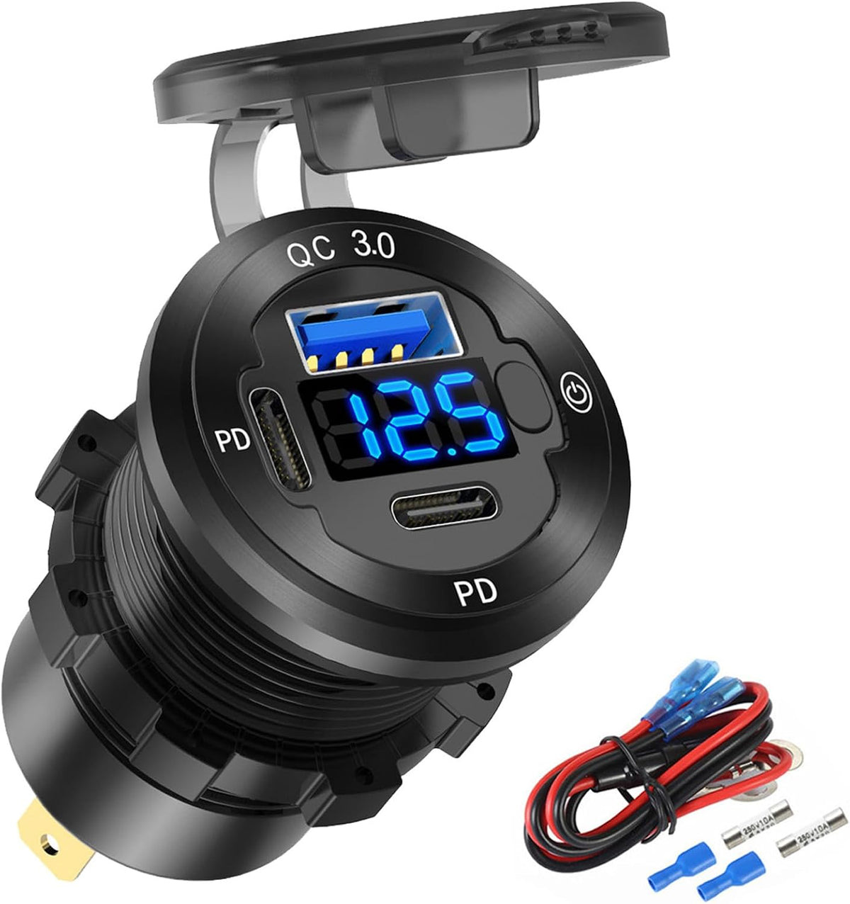 2 PACK 12V USB Car Socket Round USB C 12V Outlet, 3-Port Marine Fast Charger Waterproof Cigarette Outlet Replacement Aluminum with Switch and Voltmeter, Suitable for Boat Golf Cart RV Motorcycle
