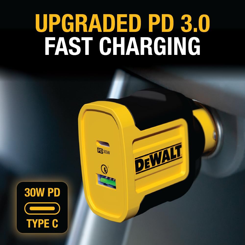DEWALT Heavy Duty USB + USB C Car Charger Adapter, 49.5W Cigarette Lighter