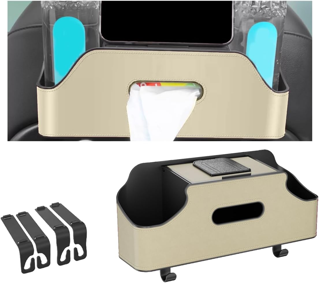 Car Headrest Backseat Organizer, Multi-Functional Vehicle Headrest Hanging Storage Box with Hook Cup Phone Holder Tissue Box, Universal Automotive Interior Seat Back Organizer (Black)