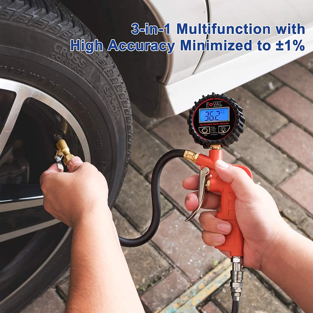 FOVAL 2 Pack FOVAL Digital Tire Inflator and 4 Pack Digital Tire Pressure Gauge 150 PSI Bundle