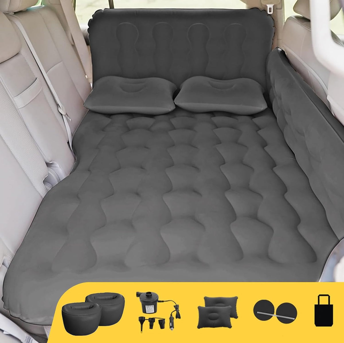 Car Bed SUV Air Mattress, Car Air Mattress with Electric Pump, 2 Inflatable Pillows and 2 Footrests for Back Seat, Side Seat,Trunk Sleeping, Thickened Camping Bed - Black