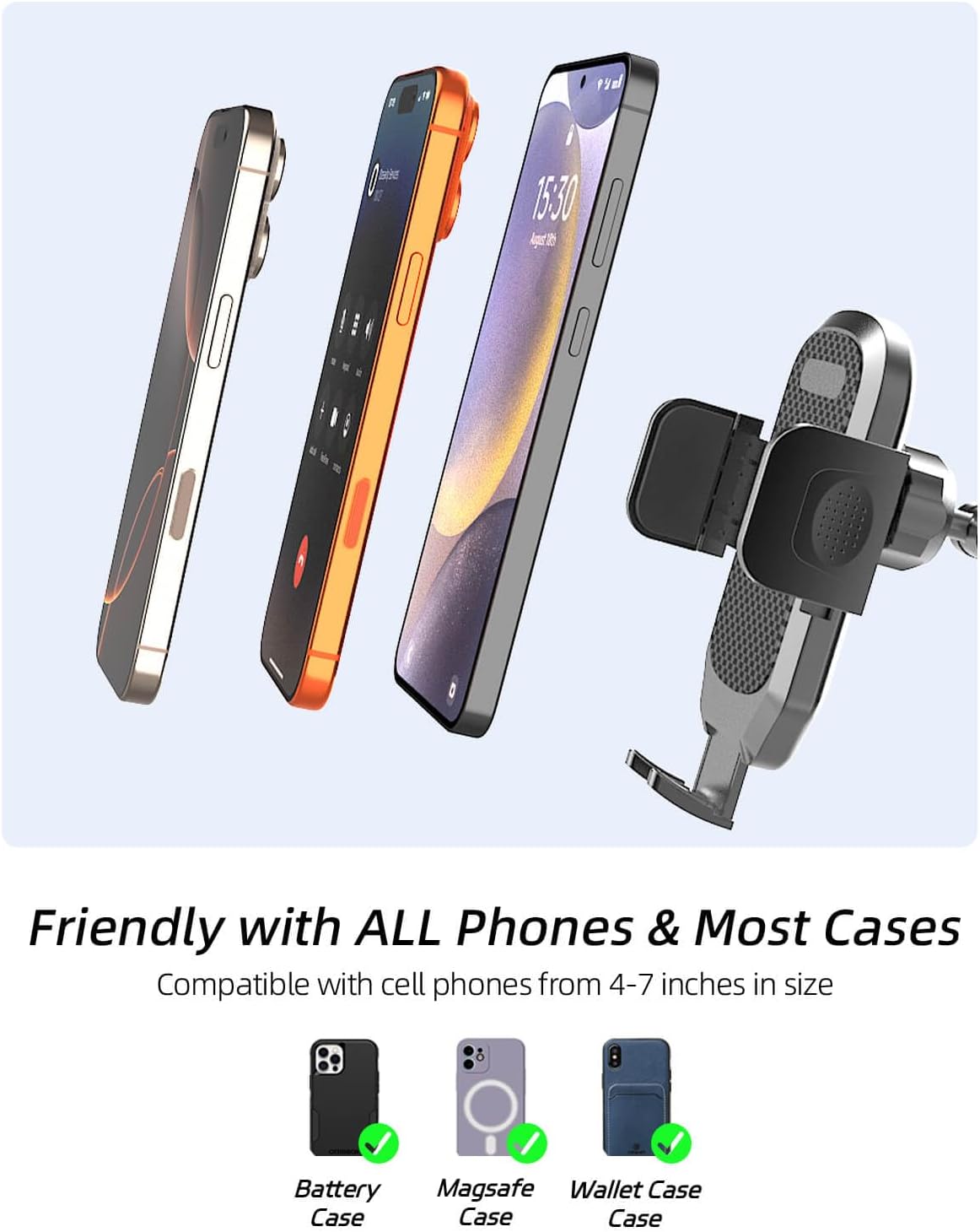 Quyee Phone Holder Car, Rear View Mirror Phone Holder - Aluminum Alloy Mount Multi-Angle Adjustment Rotatable and Retractable Compatible with All 4-7 Inch iPhone and Android Cell Phones