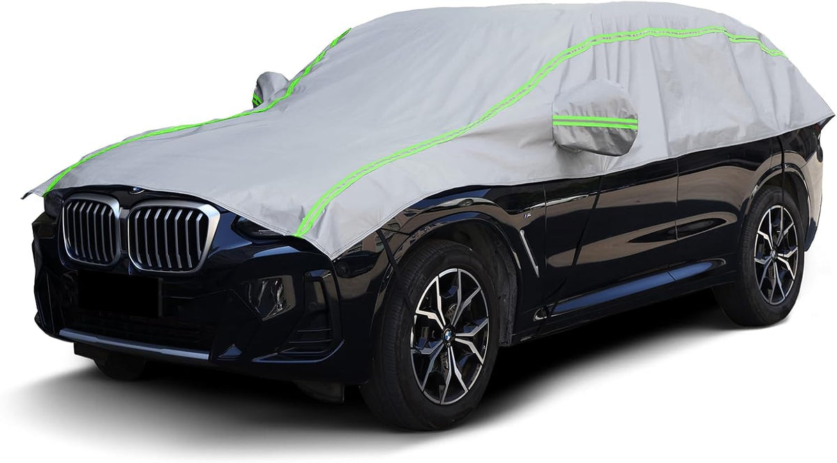 Half Car Cover Sedan with Green Reflective Strip, Hail Protector Car Cover with Cotton Liner, Sunroof & Windshield Cover for Ice and Snow, All Weather Car Body Cover for Sun, Rain, Dust