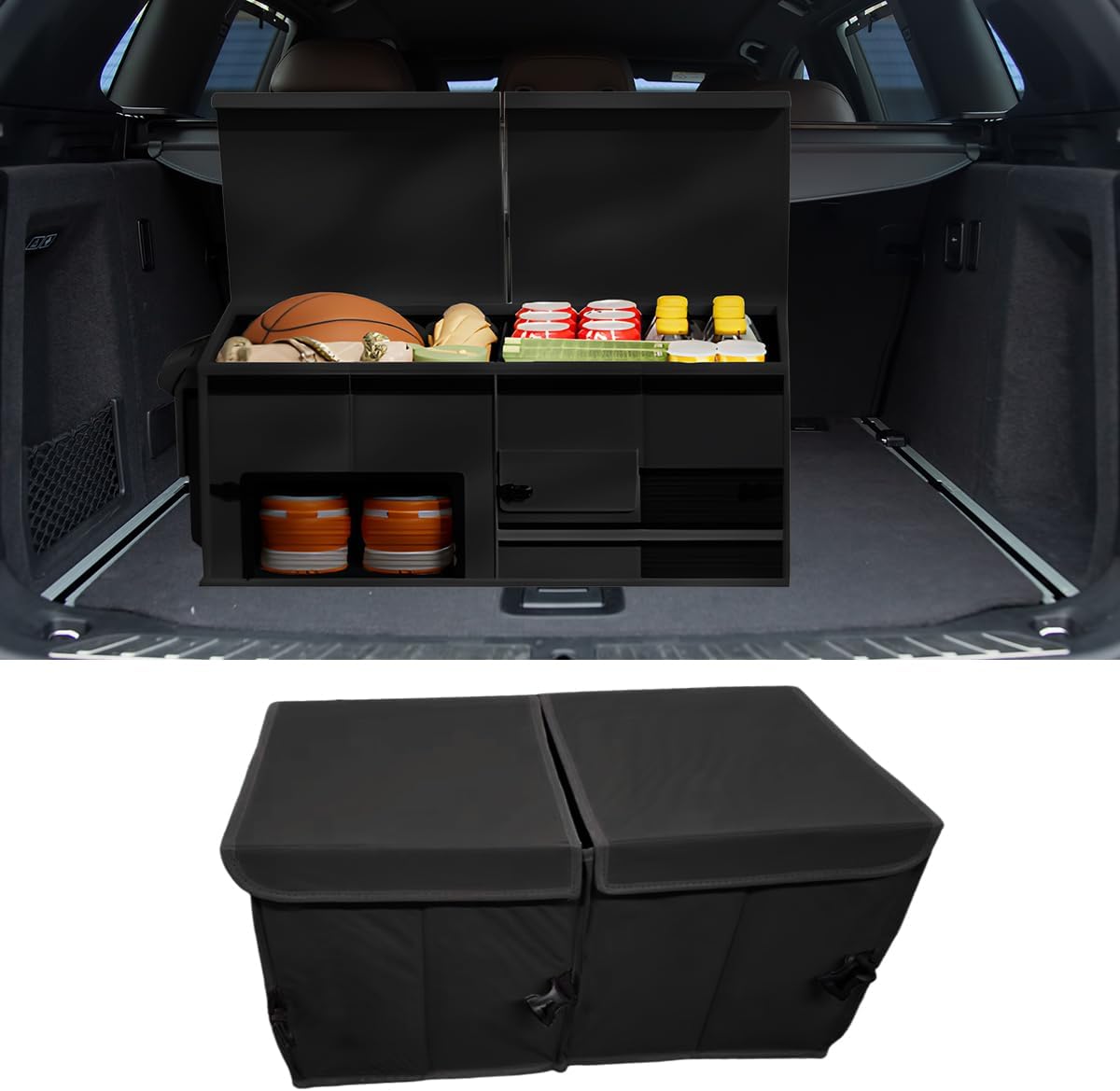 Car Trunk Organizer, Collapsible Multi Compartment Car Storage Box with Lid & Reinforced Handles, Adjustable Waterproof Storage Organizer Accessories for SUVs Cars Trucks (Gray)