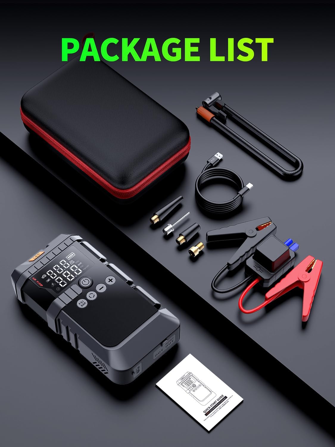 Portable Car Battery Jump Starter with Air Compressor (All Gas/12L Diesel)